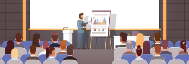 비즈니스 사람들이 그룹 회의 회의 훈련 과정 그래프와 플립 차트 - cartoon business meeting training stock illustrations