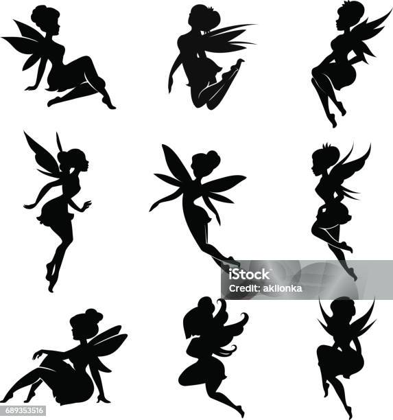 Magical Fairies In The Cartoon Style Stock Illustration - Download Image Now - Fairy, In Silhouette, Elf