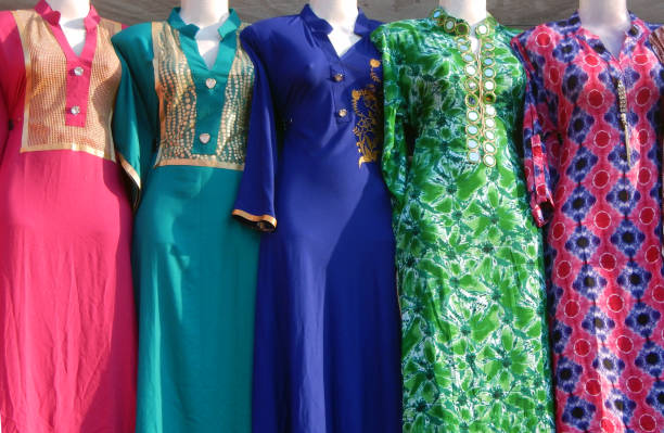 Mannequins,dressed in indian salwar kameez, women dress,in front of retail clothes shop or store,Hyderabad,India stock photo