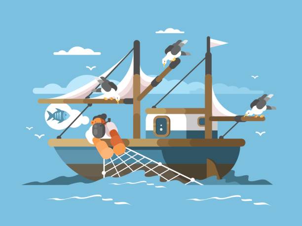 ilustrações, clipart, desenhos animados e ícones de pescador puxa a rede de pesca - netting backgrounds fishing industry commercial fishing net