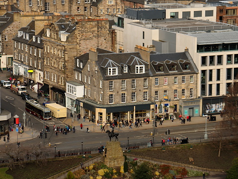 An aerial view of Princess Street in Edinburgh, Scotland as photographed in the wintertime.