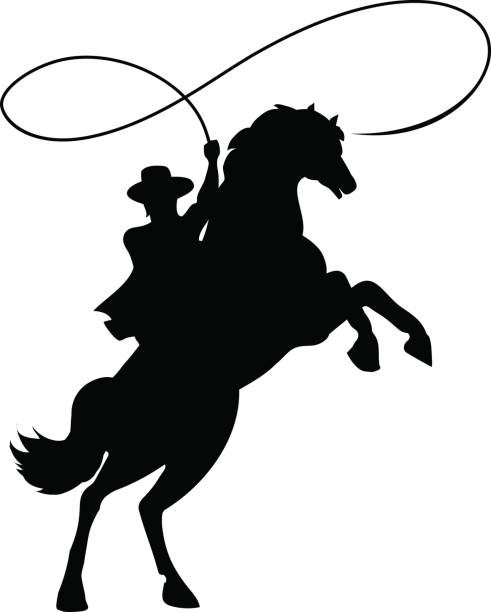 ilustraciones, imágenes clip art, dibujos animados e iconos de stock de silueta de cowboy con lazo a caballo - rodeo cowboy horse silhouette