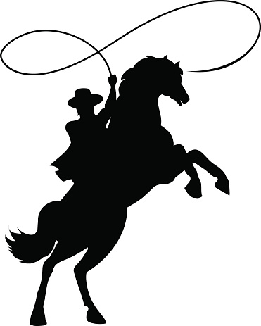 Cowboy silhouette with rope lasso on horse vector illustration isolated on white background for rodeo western design