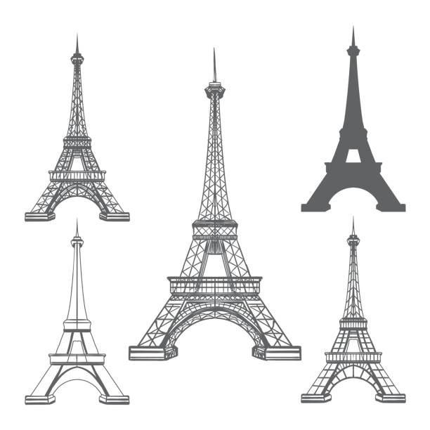 Eiffel tower black silhouettes Eiffel tower icons isolated on white background. French Paris towers black silhouettes vector illustration paris tower stock illustrations