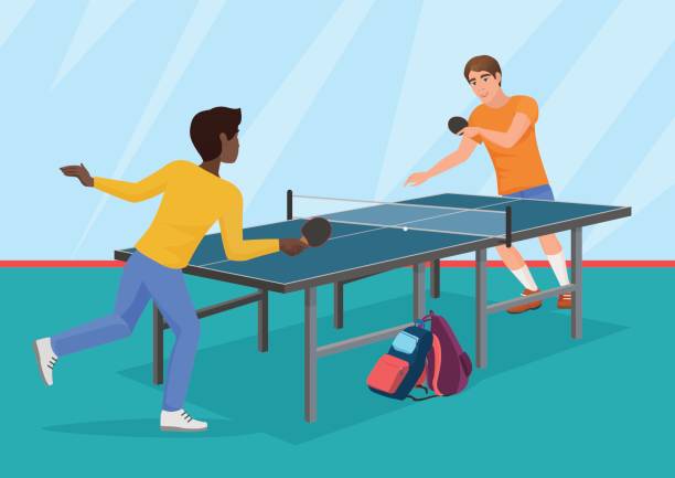 The vector illustration of two friends playing the table tennis. The vector illustration of two friends playing the table tennis ping pong table stock illustrations