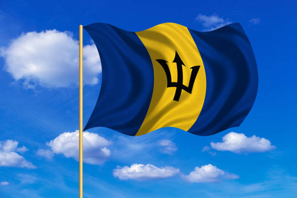 istock Flag of Barbados waving on blue sky background 689383750