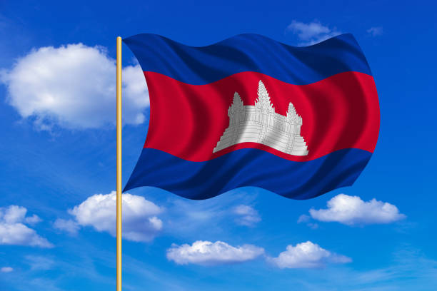 istock Flag of Cambodia waving on blue sky background 689389556