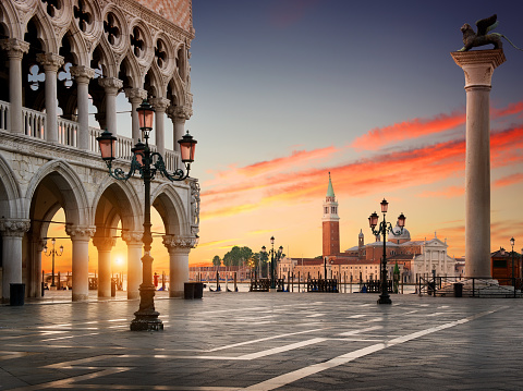 Square San Marco with the view on Palazzo Ducale and San Giorgio Maggiore in Venice at sunrise, Italy