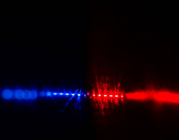 Flashing red and blue police car lights in night time. stock photo