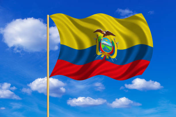 istock Flag of Ecuador waving on blue sky background 689397540
