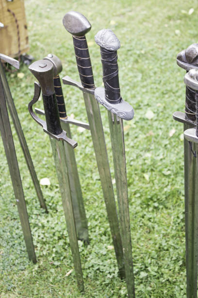istock Steel swords and medieval iron weapons and war 689398860