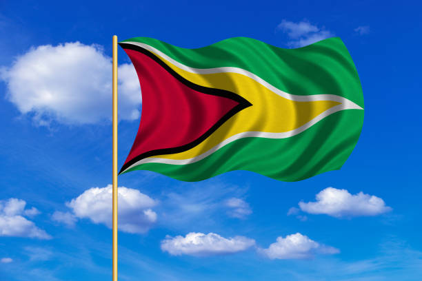 istock Flag of Guyana waving on blue sky background 689399138