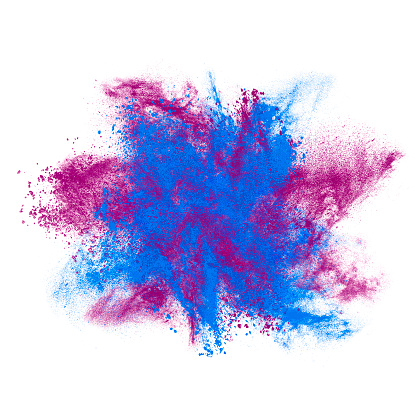 Abstract exploding blue and purple powder isolated on white background.