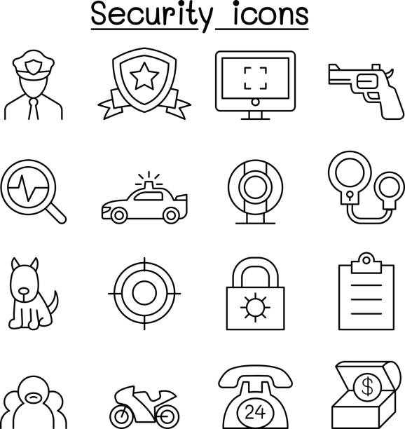 Security icon set in thin line style Security icon set in thin line style dog pointing stock illustrations