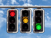 Traffic lights - red yellow green against sky