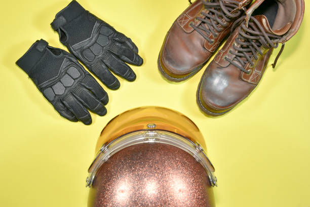 clothes and accessories on a colorful background for motorcycle