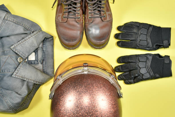 istock clothes and accessories on a colorful background for motorcycle 689410126
