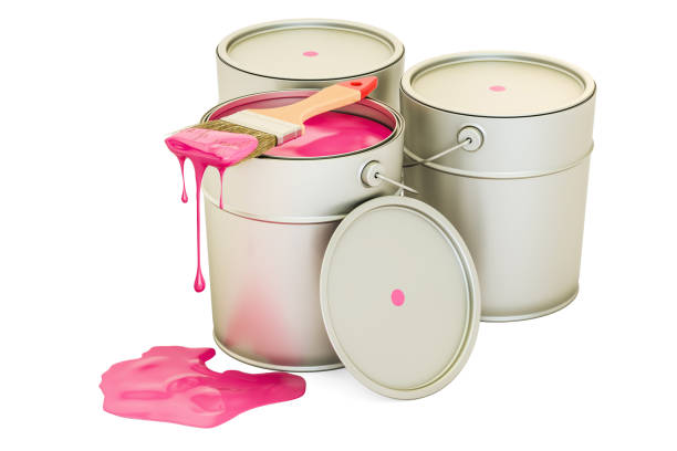 캔 핑크 페인트와 브러시, 3d 렌더링에 고립 된 흰색 배경 - paintbrush paint paint can drop 뉴스 사진 이미지