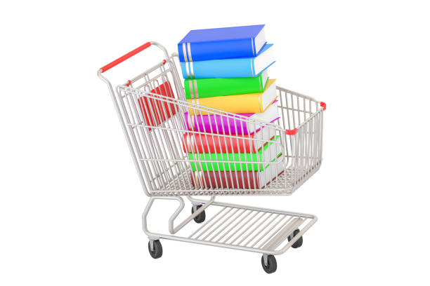 istock Shopping cart with books, 3D rendering isolated on white background 689416848