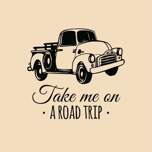 Take me on a road trip quote with old pickup sketch. Vintage retro automobile icon. Vector inspirational poster. Take me on a road trip motivational quote with old pickup sketch. Vintage retro automobile icon. Vector typographic inspirational poster. Hand drawn car illustration for store, garage etc. old truck stock illustrations