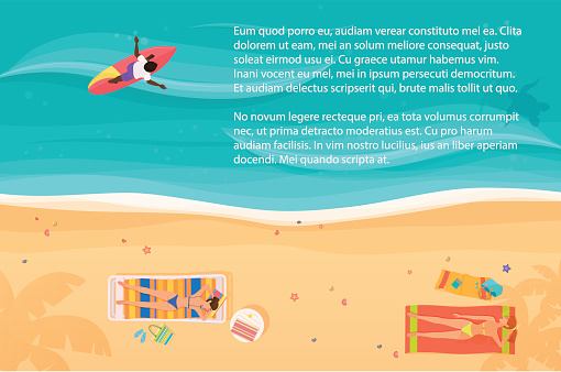 Top view of exotic sea beach with people and surfer. Bright color vector illustration