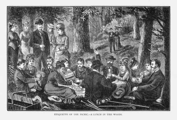 etikette des picknick-mittagessen in der wälder viktorianischen gravur, 1879 - men romance high society upper class stock-grafiken, -clipart, -cartoons und -symbole