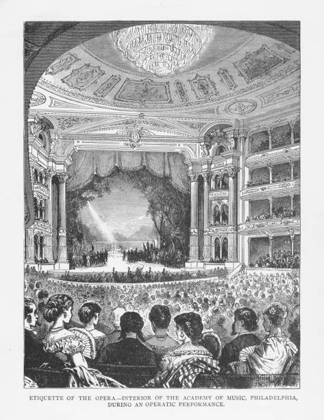 etikette der oper - interieur von der academy of music in philadelphia, während eine opernhafte leistung viktorianischen gravur, 1879 - men romance high society upper class stock-grafiken, -clipart, -cartoons und -symbole