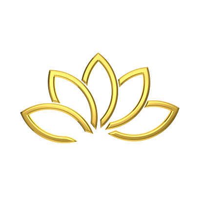Golden lotus on reflective surface. 3d generated image. White background.