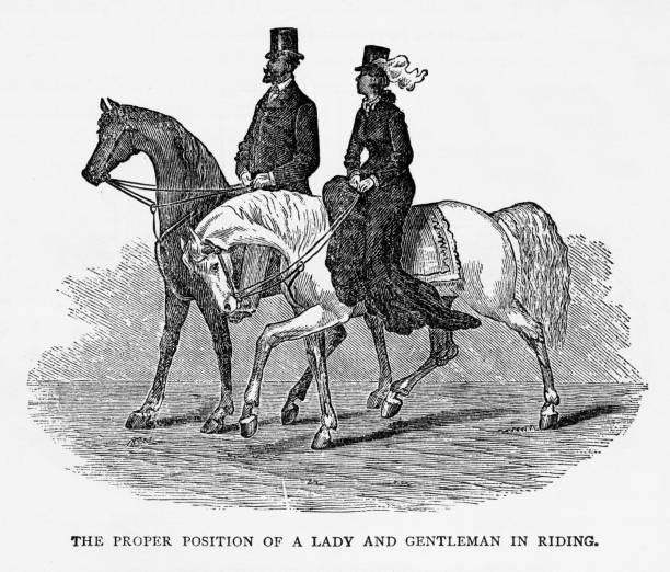 richtigen stelle einer lady und gentleman im reiten reiten viktorianischen gravur, 1879 - men romance high society upper class stock-grafiken, -clipart, -cartoons und -symbole