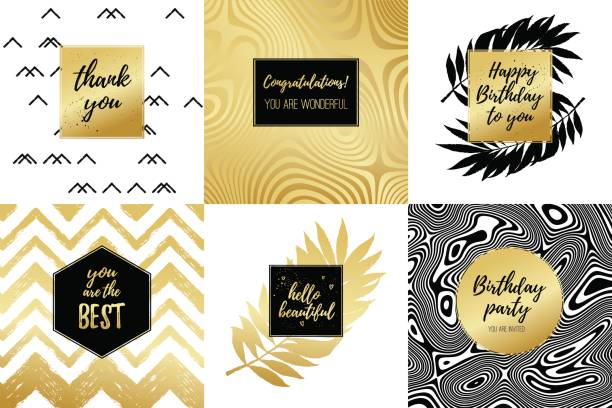 illustrations, cliparts, dessins animés et icônes de joyeux anniversaire à vous, merci, félicitations, vous êtes les meilleures, bonjour belle mode typographie affiches, jeu de cartes de voeux. fond été vector avec palmier tropical feuilles, bandes. - black and gold