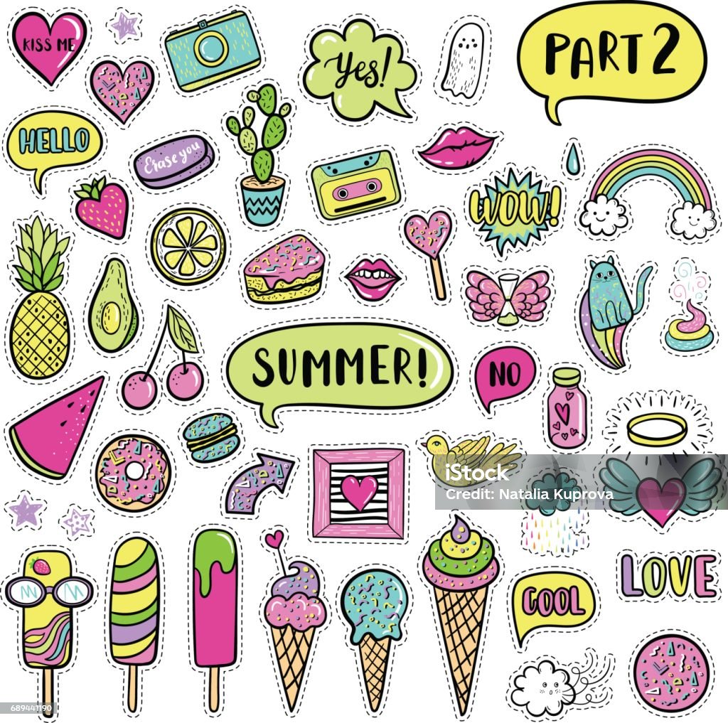 Vector hand drawn summer fashion patches: ice cream, cactus, watermelon, camera, rainbow, cat, cloud, lip, heart, speech bubble. Modern set of pop art stickers, patches, pins, badges in 80s-90s style Child stock vector