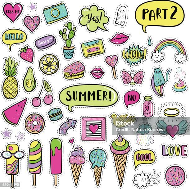 Vector Hand Drawn Summer Fashion Patches Ice Cream Cactus Watermelon Camera Rainbow Cat Cloud Lip Heart Speech Bubble Modern Set Of Pop Art Stickers Patches Pins Badges In 80s90s Style Stock Illustration - Download Image Now