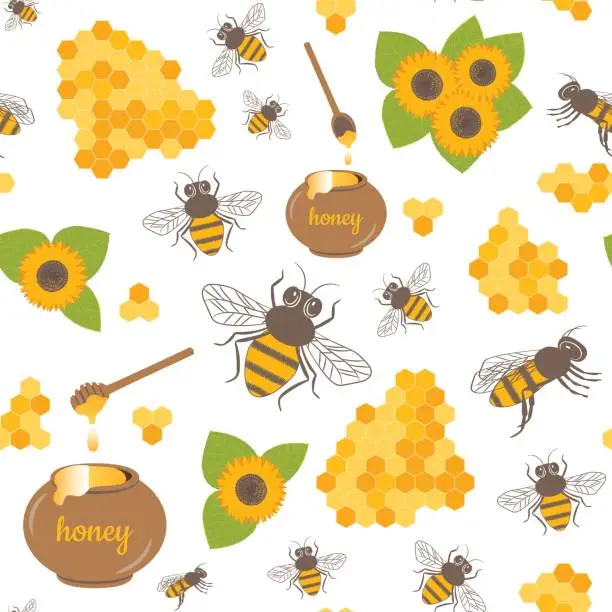 Vector illustration of Vector seamless pattern with sunflowers, bees, honey. Sweet honey background for beekeeping products.