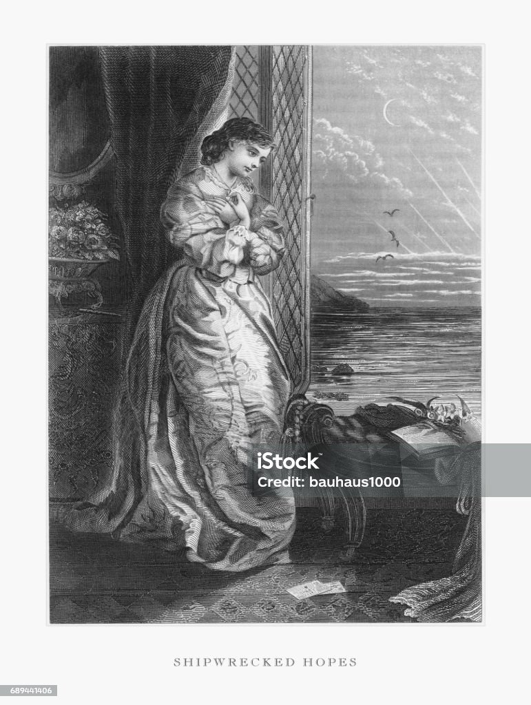 Shipwrecked Hopes Victorian Engraving, 1879 Very Rare, Beautifully Illustrated Antique Engraving of Shipwrecked Hopes Victorian Engraving, 1879. Source: Original edition from my own archives. Copyright has expired on this artwork. Digitally restored. Victorian Style stock illustration