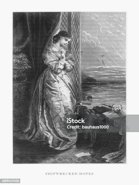 Shipwrecked Hopes Victorian Engraving 1879 Stock Illustration - Download Image Now - Victorian Style, One Woman Only, Women