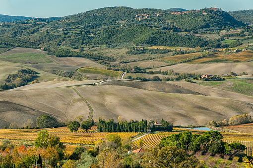 Panoramic view of the Val di Chiana, an alluvial valley of central Italy, in Tuscany