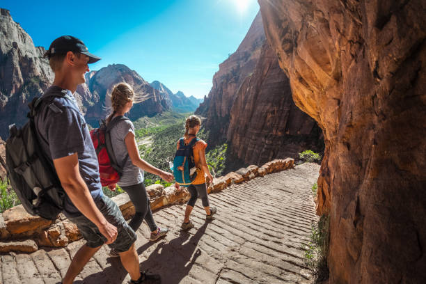 Hiker with backpacks Group of hikers friends walking down the stairs and enjoying view of Zion National Park, USA zion stock pictures, royalty-free photos & images