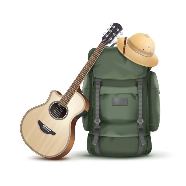ilustrações, clipart, desenhos animados e ícones de mochila com chapéu e violão - sack bag beige large