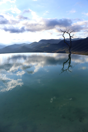 Autumn scene from river, river shore reflecting at blue water surface at sunny autumn day, late afternoon, no people