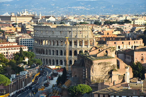 View of Rome from The Altar of the Fatherland (Altare della Patria). The Colosseum in the Center of the picture.