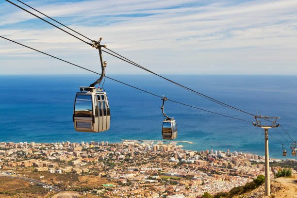 funicular above Costa del Sol funicular above Costa del Sol. View from the top of Calamorro mountain, Benalmadena, Andalusia province, Spain. overhead cable car photos stock pictures, royalty-free photos & images
