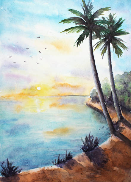 Watercolor tropical landscape Watercolor tropical landscape with palms, ocean, clouds and birds at the sunset backgrounds multi colored water mystery stock illustrations
