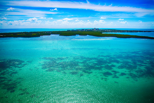 A wide angle aerial view of Key Biscayne near Miami and the Biscayne Bay.