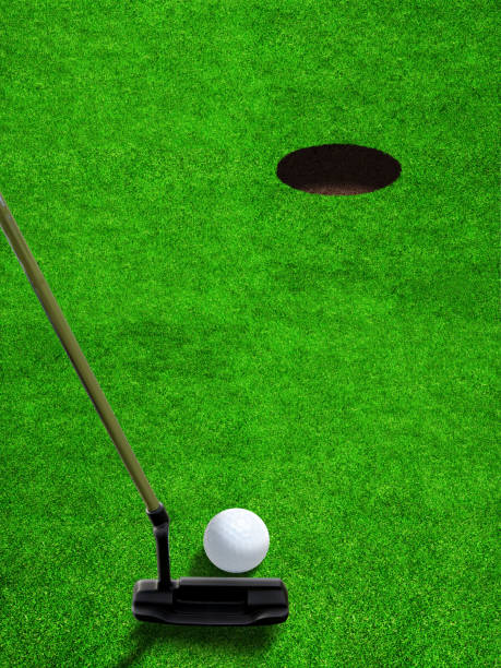 Golfer using a putter club to hit a relatively short and low-speed stroke on golf ball at short distance to hole with copy space. Vertical orientation.