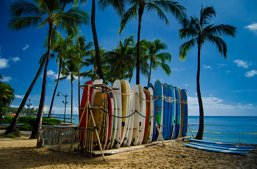 Surfboards on famous Waikiki beach, Honolulu, Hawaii.