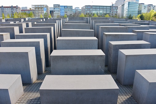 Berlin, Germany - May 02, 2016: Geometric patterns across the concrete at the Holocaust Memorial in Berlin, Germany.