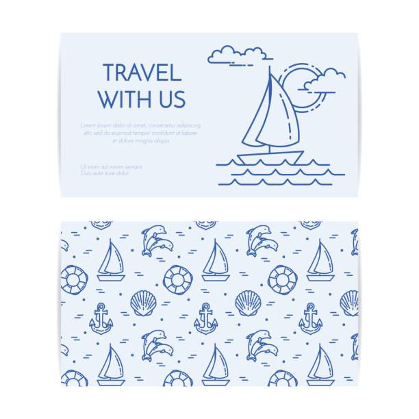 ilustrações, clipart, desenhos animados e ícones de banner horizontal com veleiro de viagem nas ondas. padrão sem emenda com acessórios de resto mar para viagem, turismo, agência de viagens, hotéis business card. - symbol hotel computer icon icon set