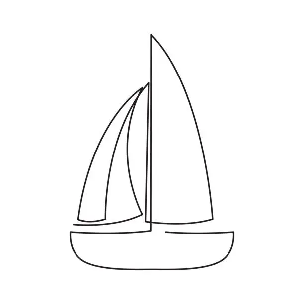 Vector illustration of Modern continuous line sailing boat. One line drawing of ship form for symbol, card, banner, poster flyer.