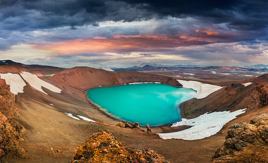Colorful summer scene with crater pool of Krafla volcano. Dramatic sunset in the Northeast Iceland, Myvatn lake located, Europe. Artistic style post processed photo.
