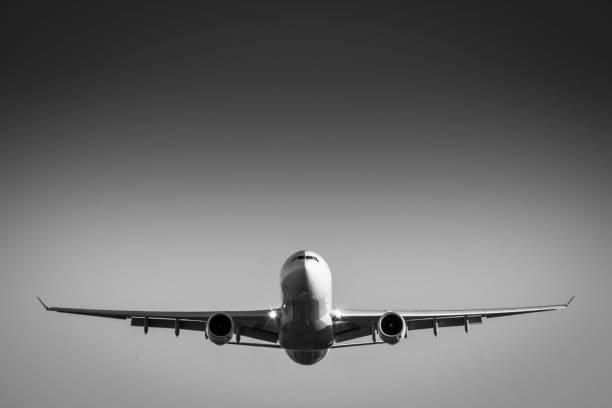 istock Airplane flying in black and white, front view 689521566